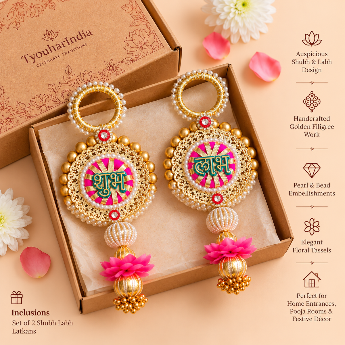 Golden Pearl Shubh Labh Pair with Pink Floral Tassels