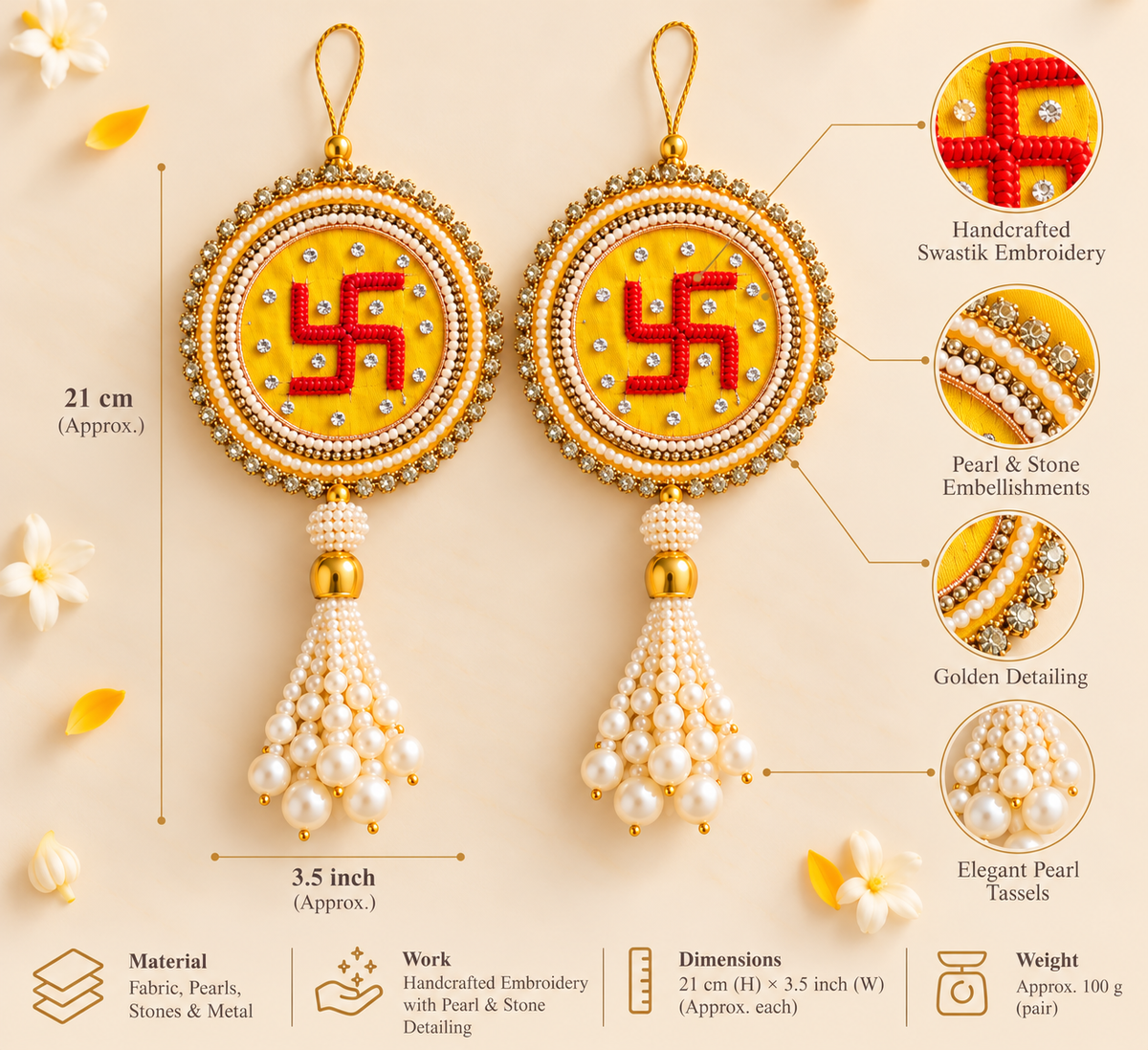 Swastik Pearl Tassel Hanging - Yellow & Gold (Set of 2)
