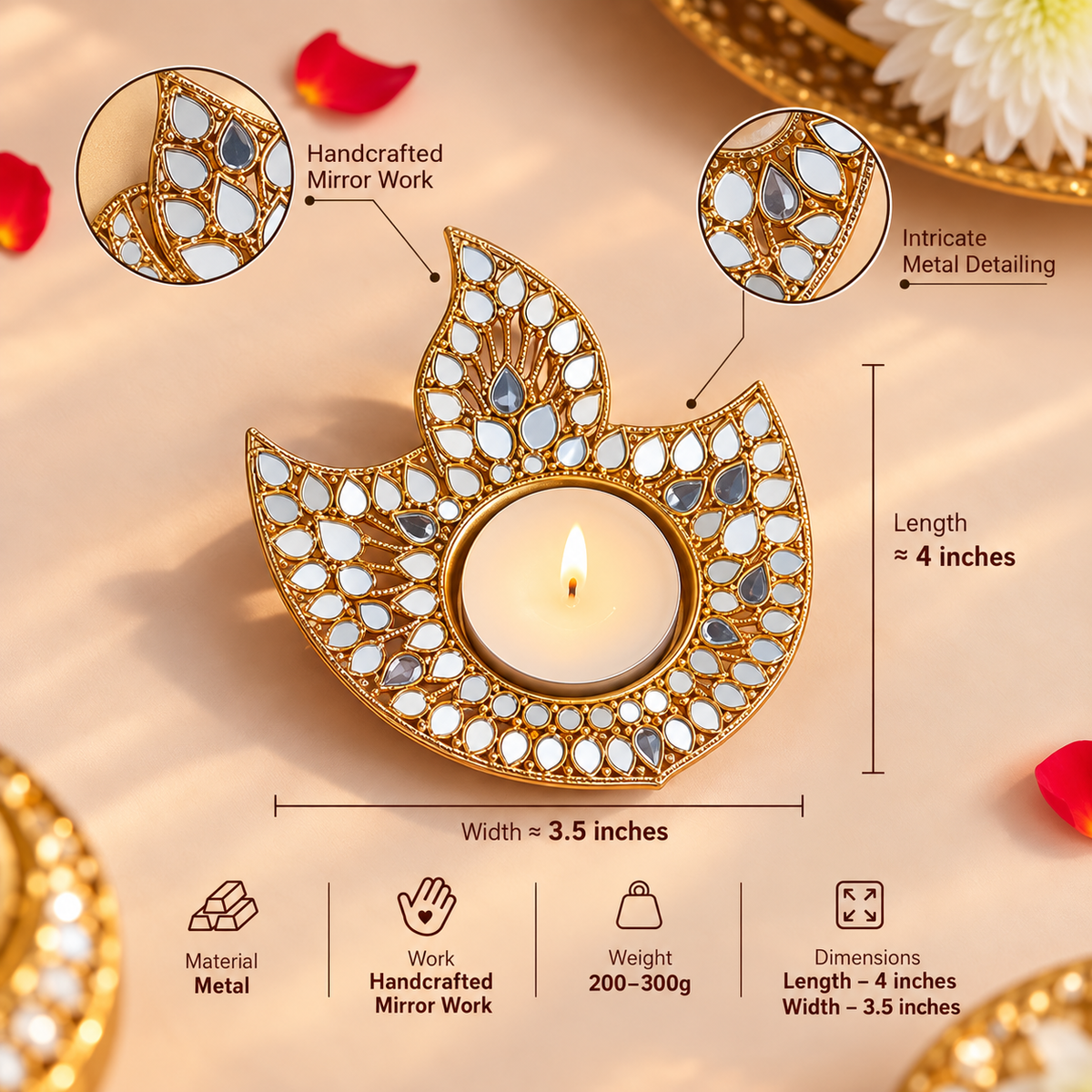 Handcrafted Diya Mirror Work Tea Light Holder-Set of 4