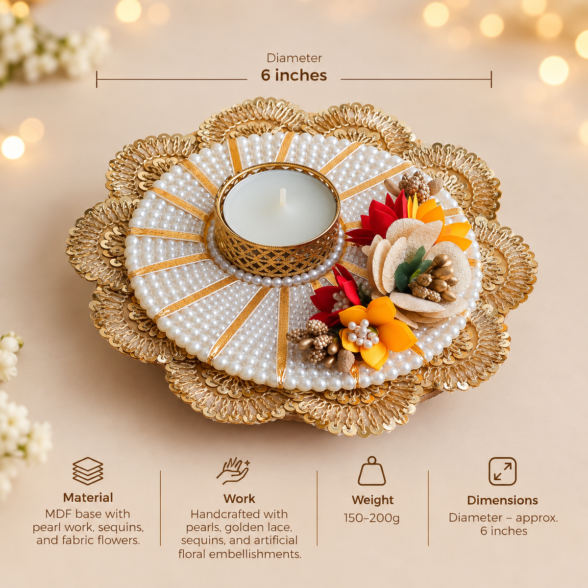 Handcrafted Pearl & Floral Tea Light Holder with Golden Detailing