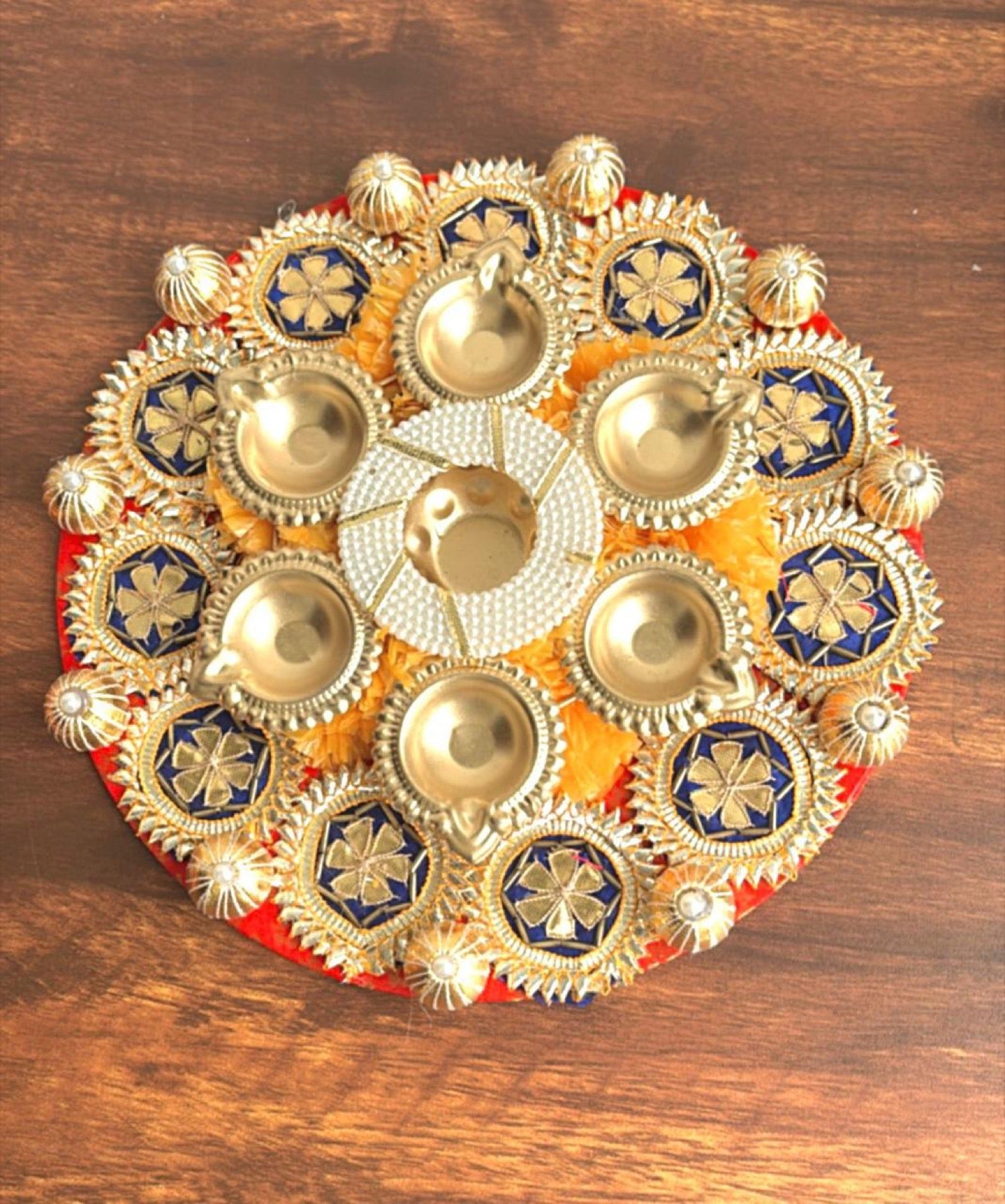 Blue & Gold Gotta Patti Rangoli with Diyas