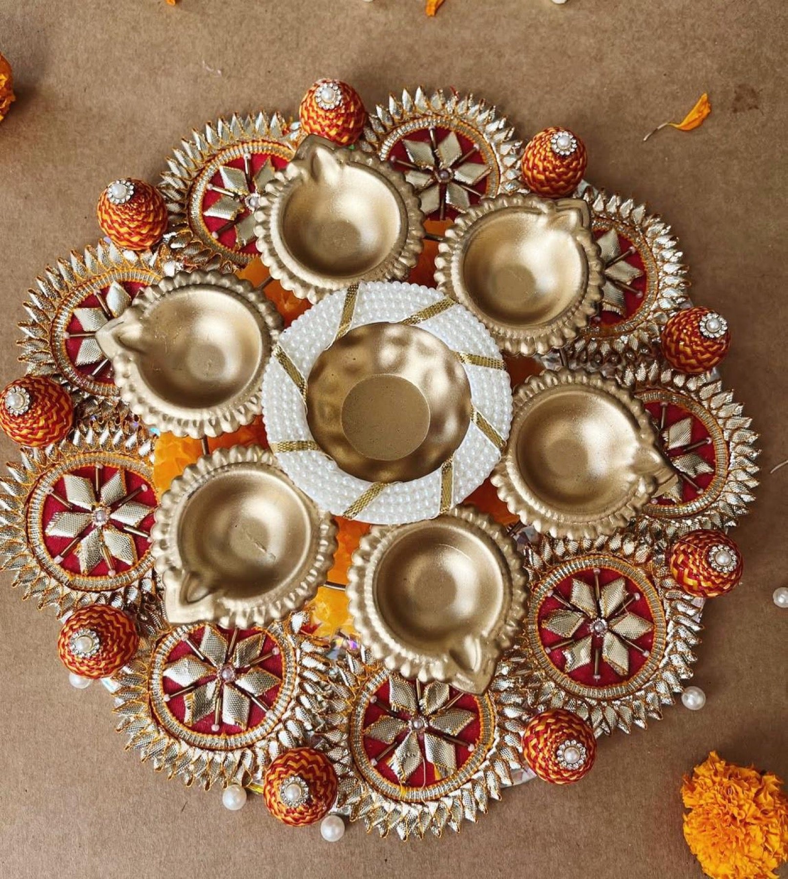 Red & Gold Gotta Patti Rangoli with Diyas