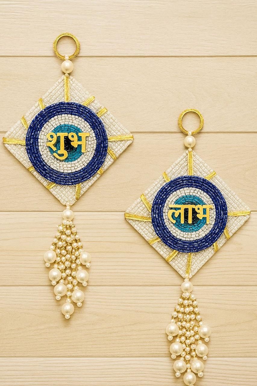 Evil Eye Shubh Labh Pair – Handmade Blue & White Beads with Pearl Tassels