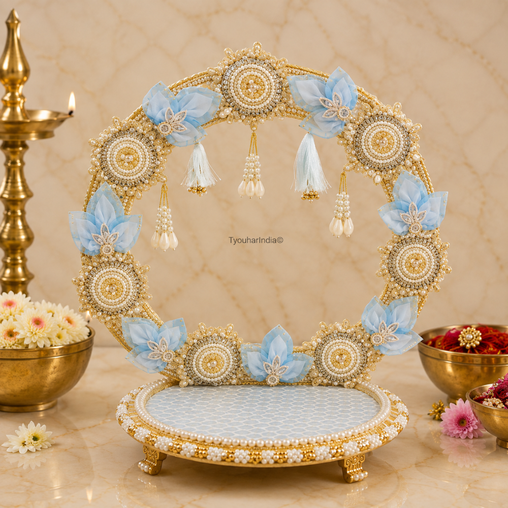 Ivory Pink/ Blue Bloom Singhasan Chowki Makhar