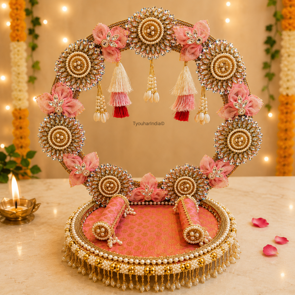 Ivory Pink/ Blue Bloom Singhasan Chowki Makhar