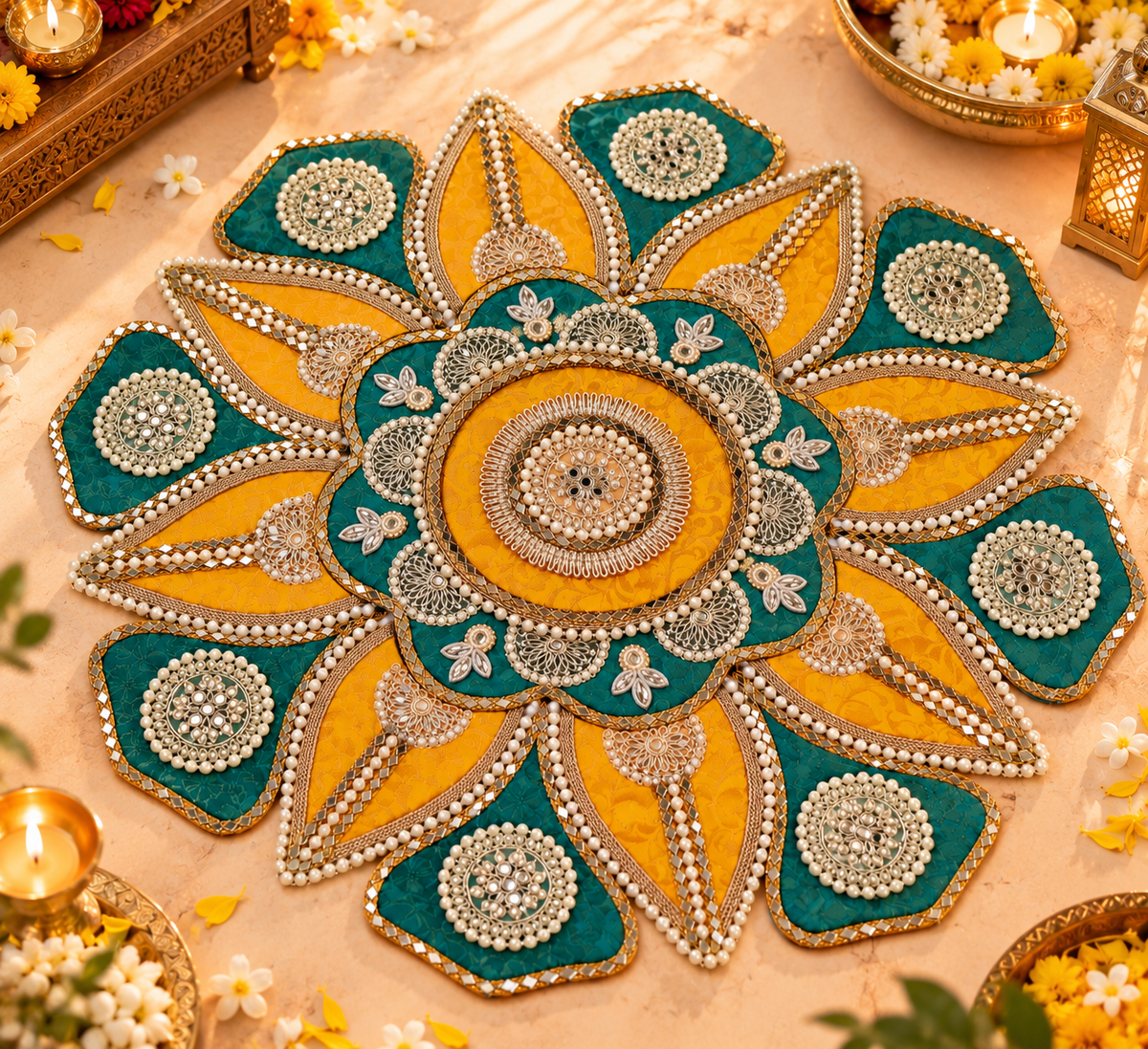 Emerald Kesari Grand Floral Gotta Patti Rangoli | Reusable & Modular | 24 Inches