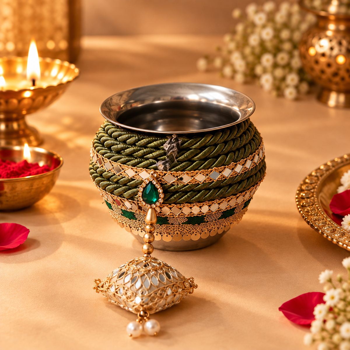 Mehndi Green Floral Banarasi Embellished Karwa Chauth Pooja Thali Set