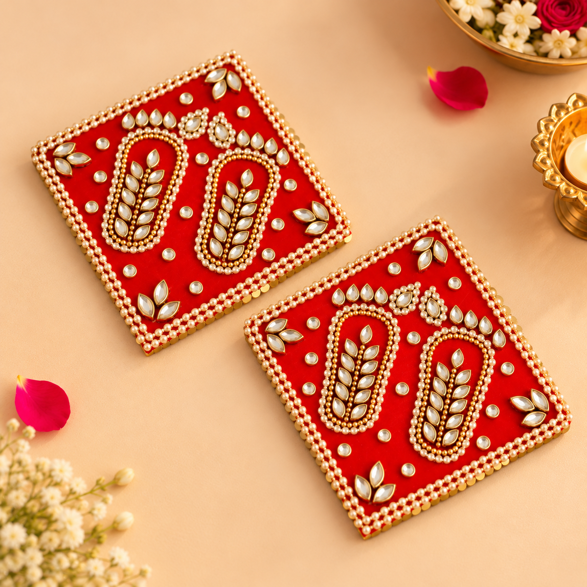 Handcrafted Royal Red Kundan Embellished Metal Lakshmi Charan Paduka – Set of 2