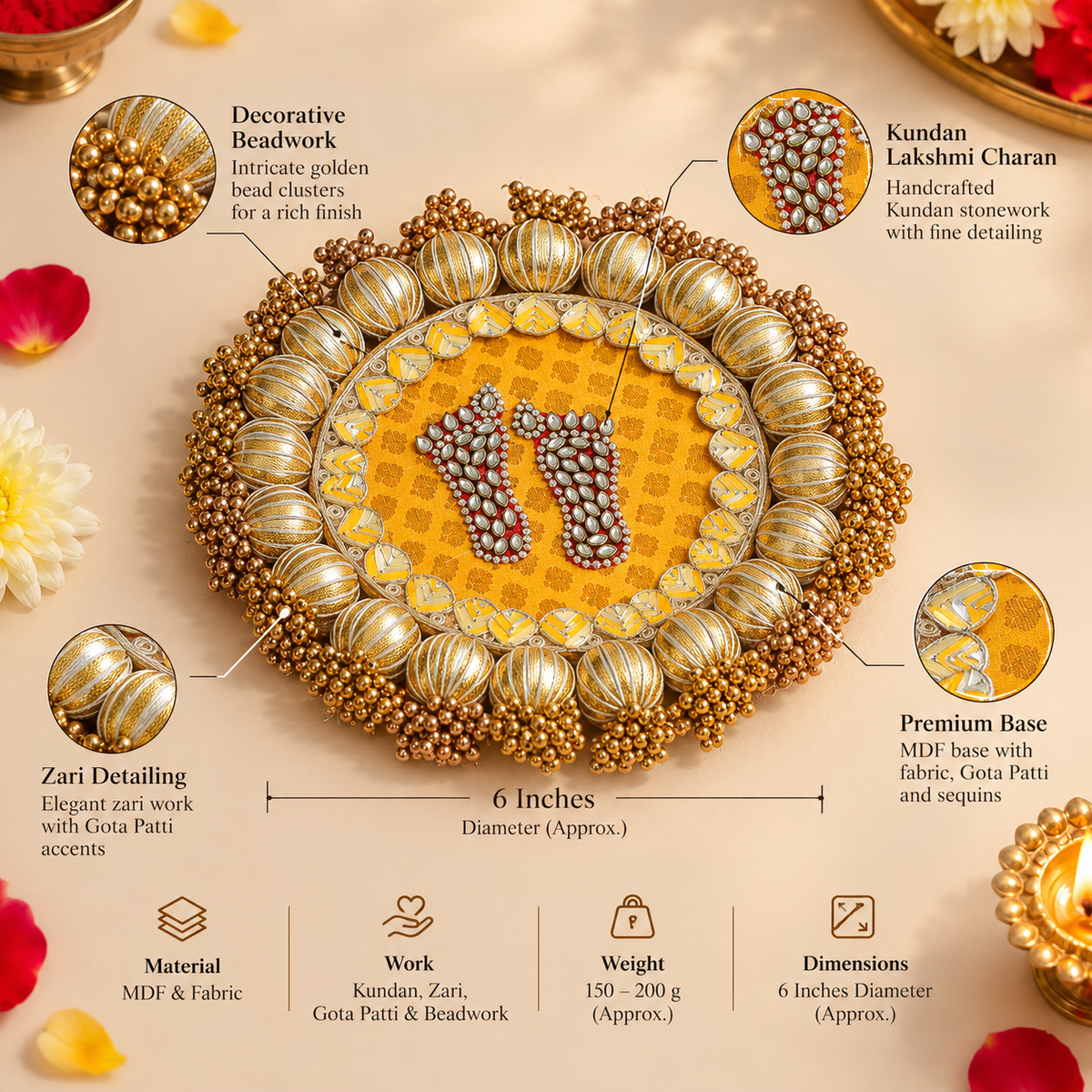 Handcrafted Gold Kundan & Gota Patti Embellished Lakshmi Charan Paduka Mat- Pack of 1