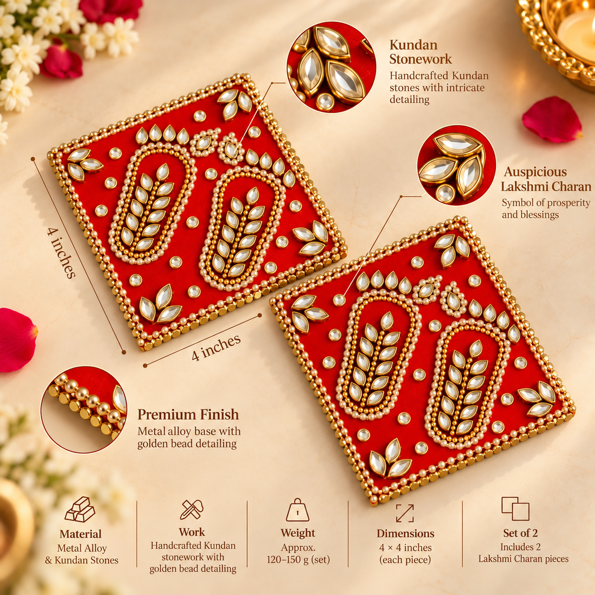 Handcrafted Royal Red Kundan Embellished Metal Lakshmi Charan Paduka – Set of 2
