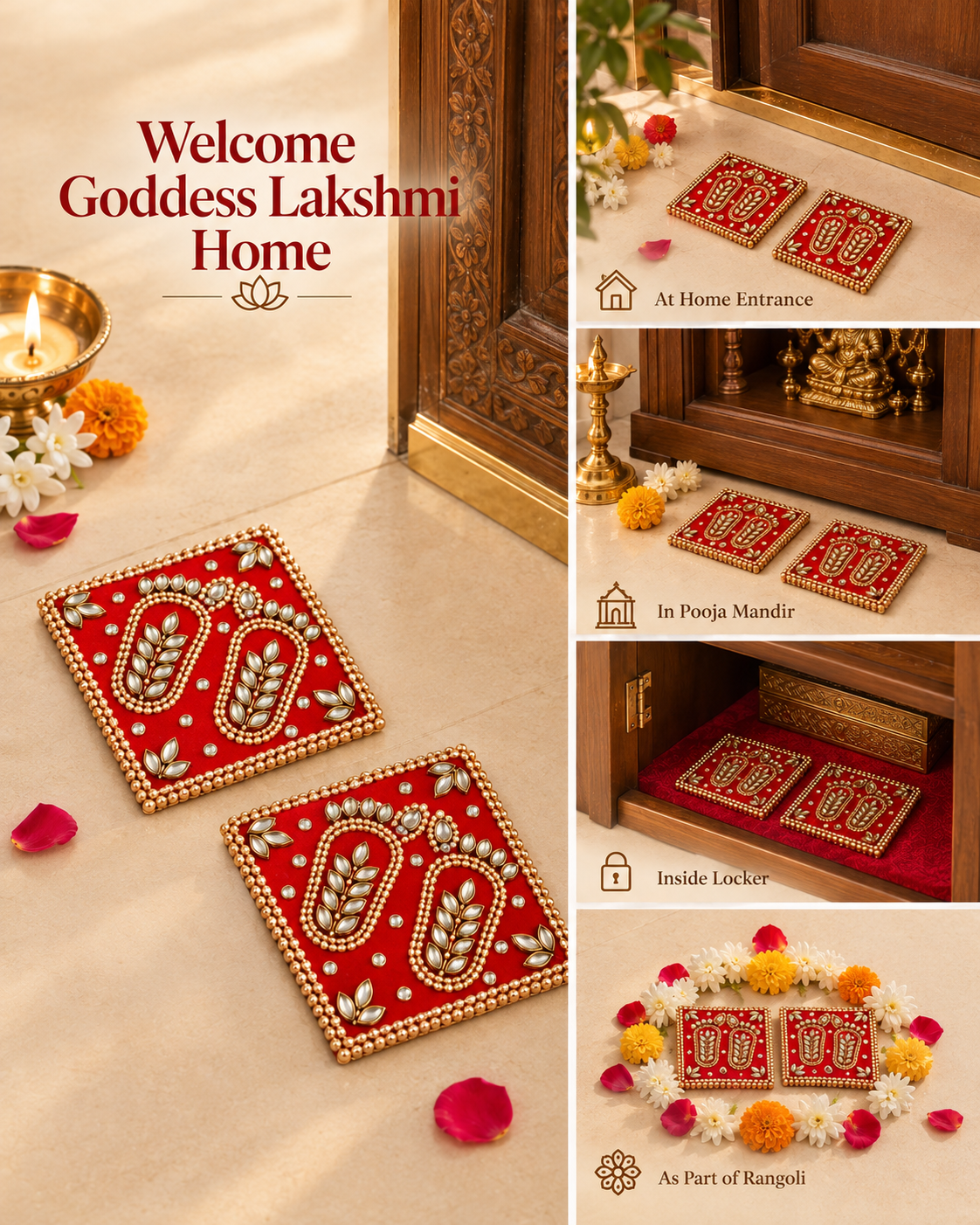 Handcrafted Royal Red Kundan Embellished Metal Lakshmi Charan Paduka – Set of 2