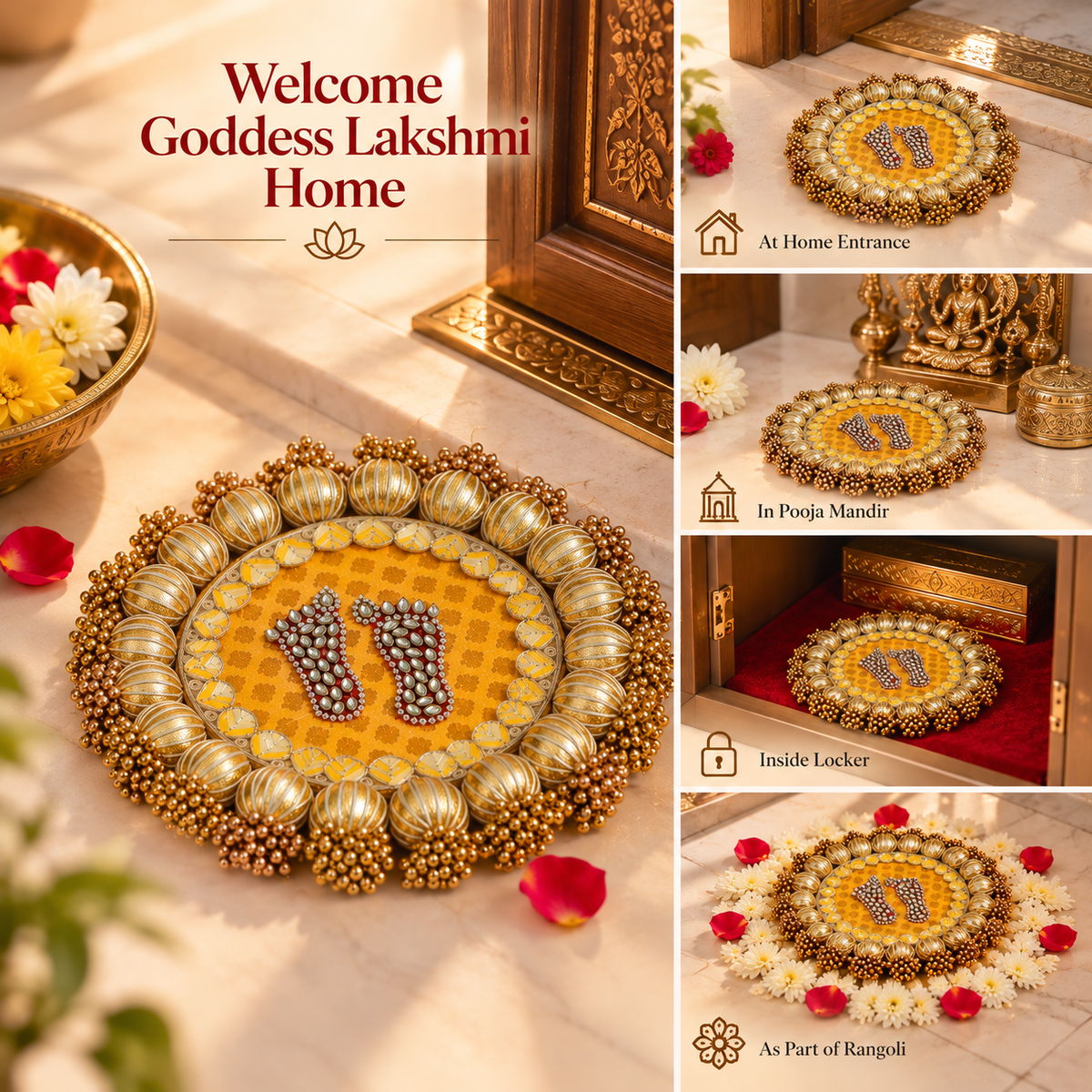 Handcrafted Gold Kundan & Gota Patti Embellished Lakshmi Charan Paduka Mat- Pack of 1