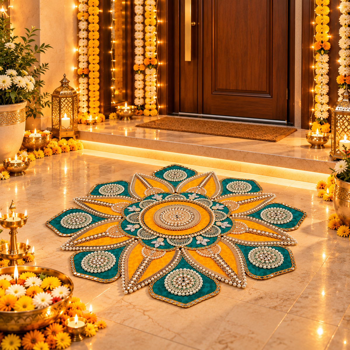 Emerald Kesari Grand Floral Gotta Patti Rangoli | Reusable & Modular | 24 Inches