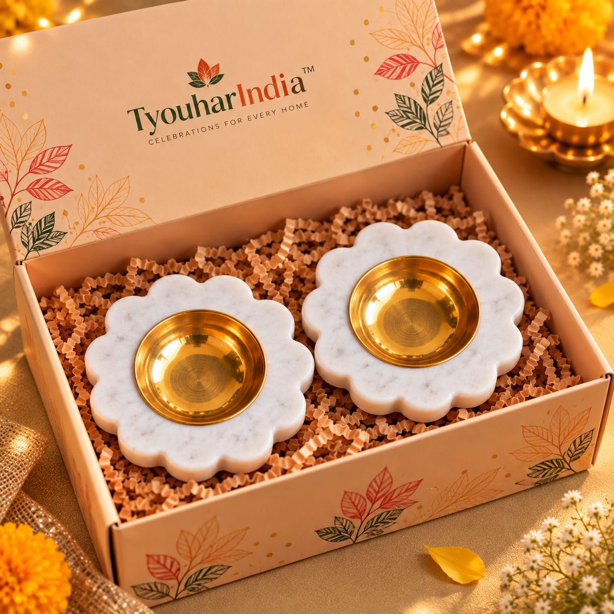 Handcarved Makrana White Marble & Brass Floral Diya-Set of 2