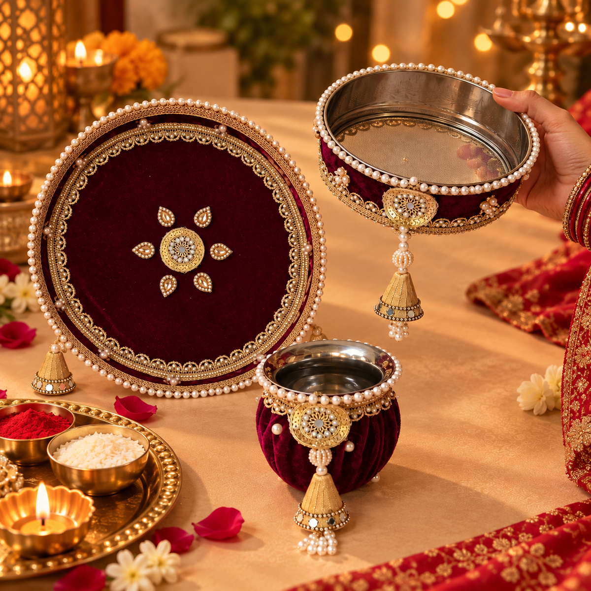 Imperial Wine Velvet Pearl & Gota Embellished Karwa Chauth Pooja Thali Set