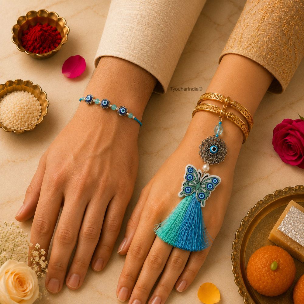 TyouharIndia Bhaiya Bhabhi Family Evil Eye Rakhi & Lumba Combo Set of 3