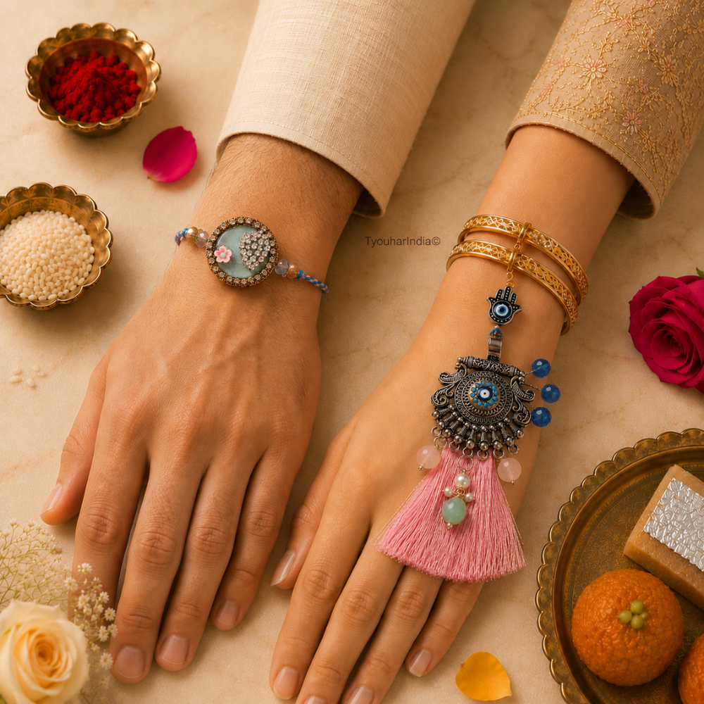 TyouharIndia Bhaiya Bhabhi Family Evil Eye Rakhi & Lumba Combo Set of 3
