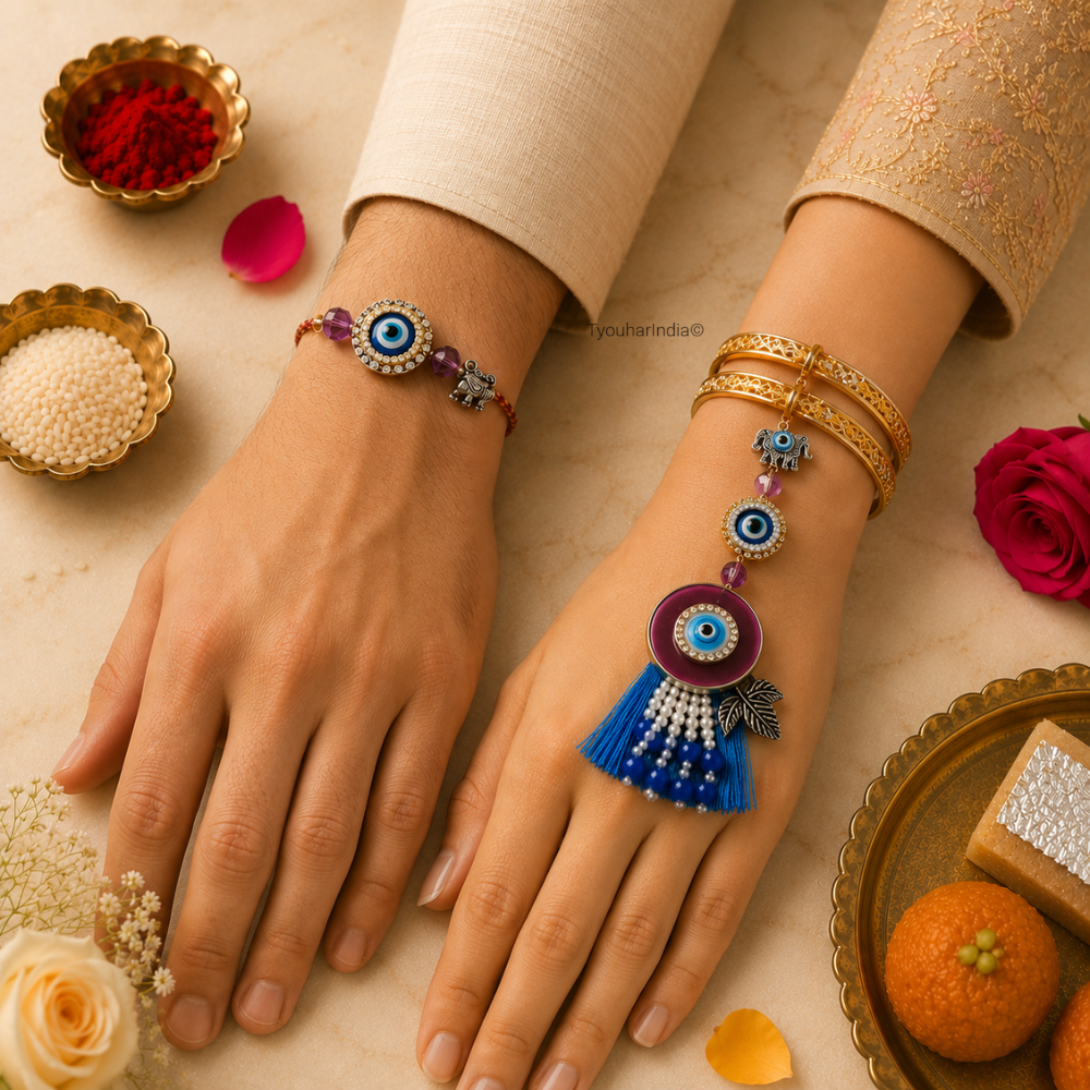 TyouharIndia Bhaiya Bhabhi Family Evil Eye Rakhi & Lumba Combo Set of 3