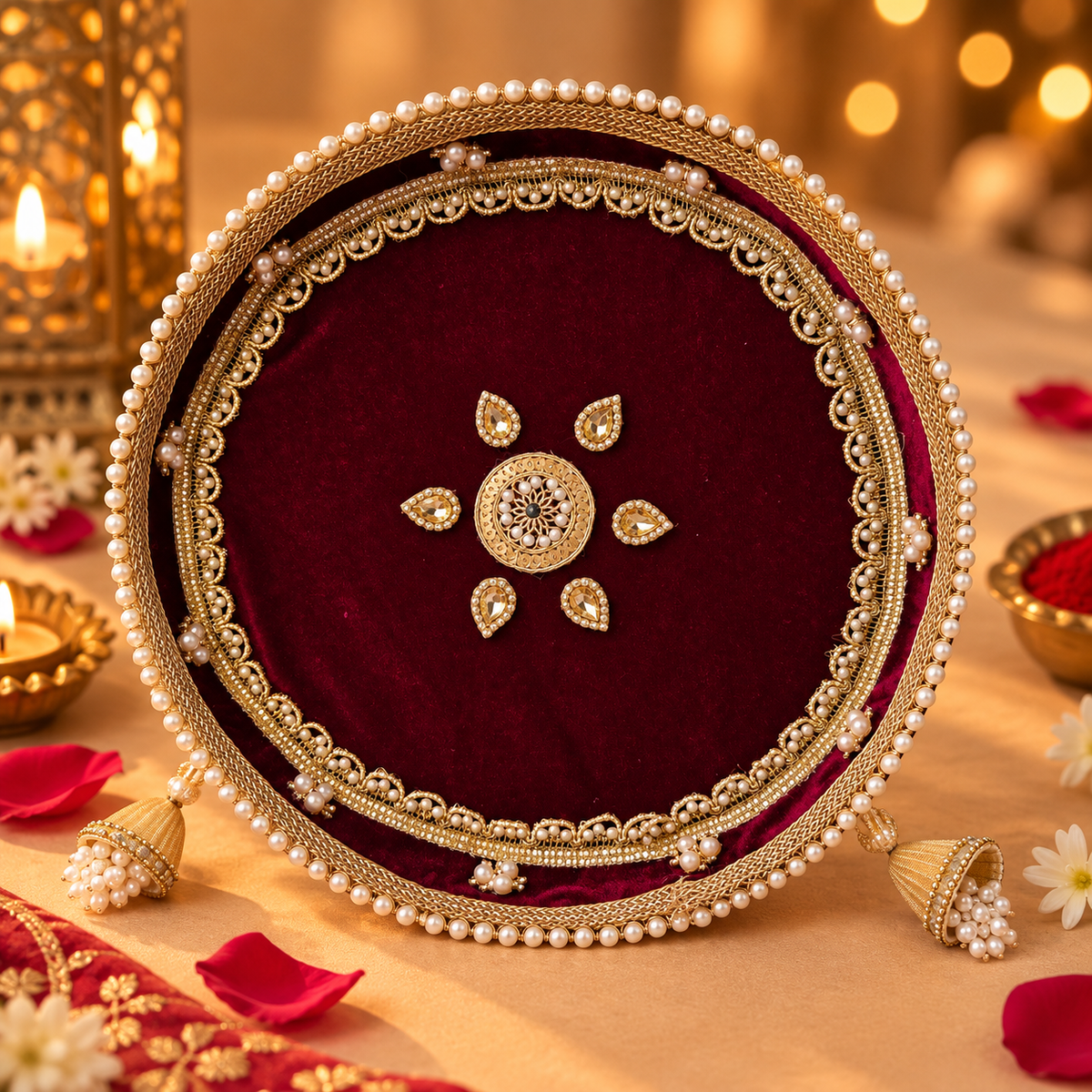 Imperial Wine Velvet Pearl & Gota Embellished Karwa Chauth Pooja Thali Set