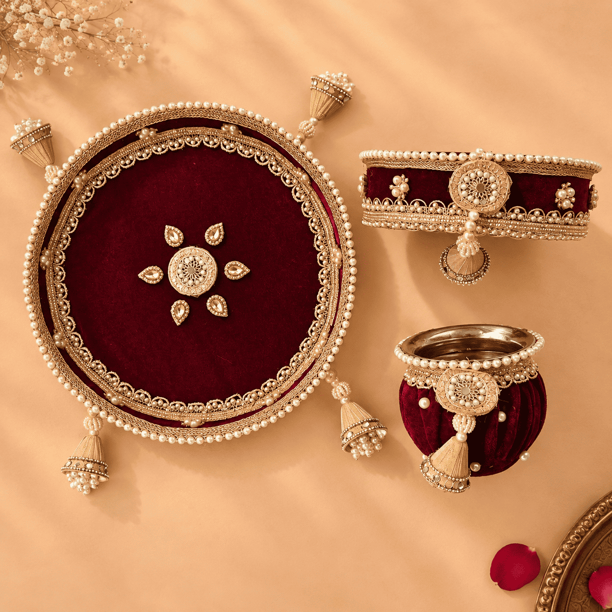 Imperial Wine Velvet Pearl & Gota Embellished Karwa Chauth Pooja Thali Set