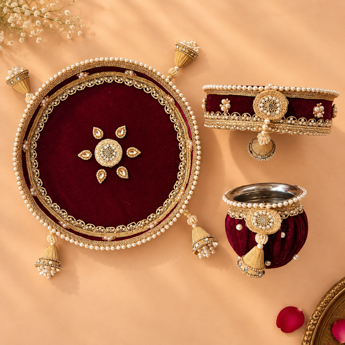 Imperial Wine Velvet Pearl & Gota Embellished Karwa Chauth Pooja Thali Set