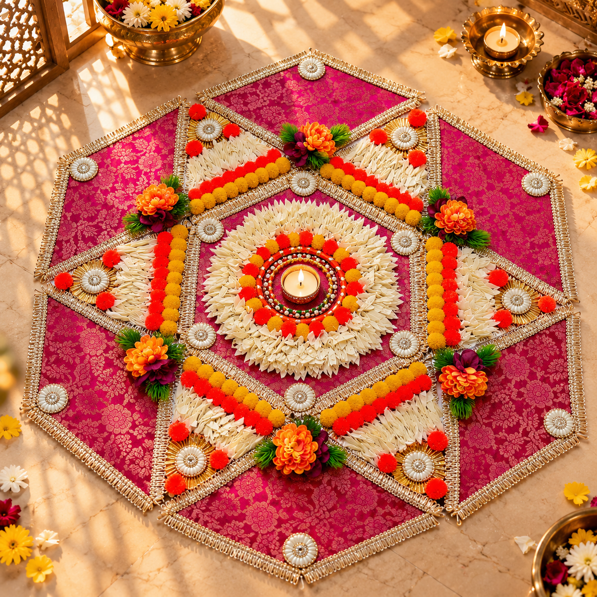 Royal Magenta Floral Gotta Patti Rangoli | Reusable & Modular | 30 Inches