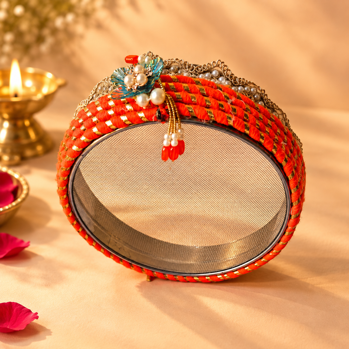 Kesari Orange Gujarati Gota-Kinari & Pearl Embellished Karwa Chauth Pooja Thali Set