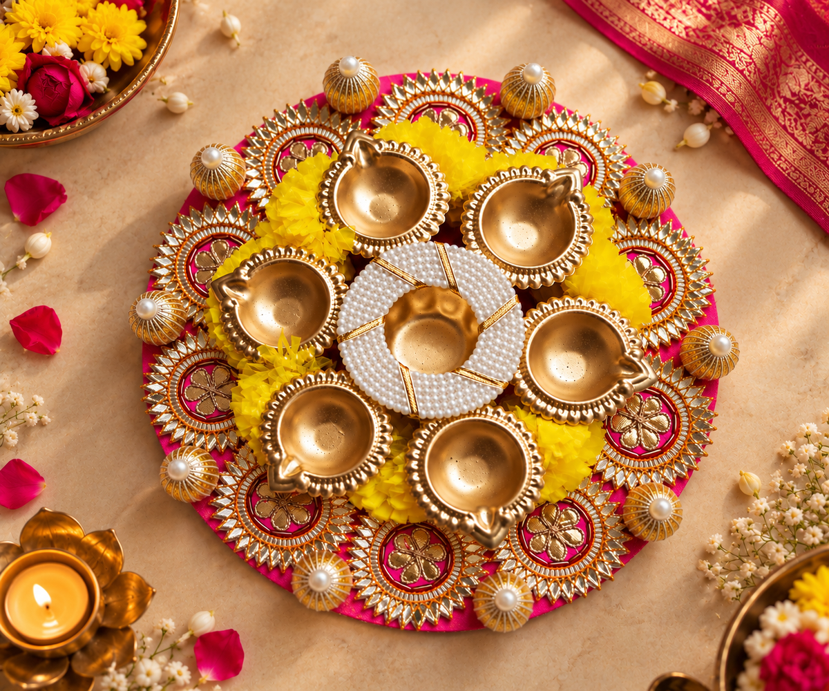 Rani Pink & Golden Gotta Patti Floral Rangoli with 7 Diyas