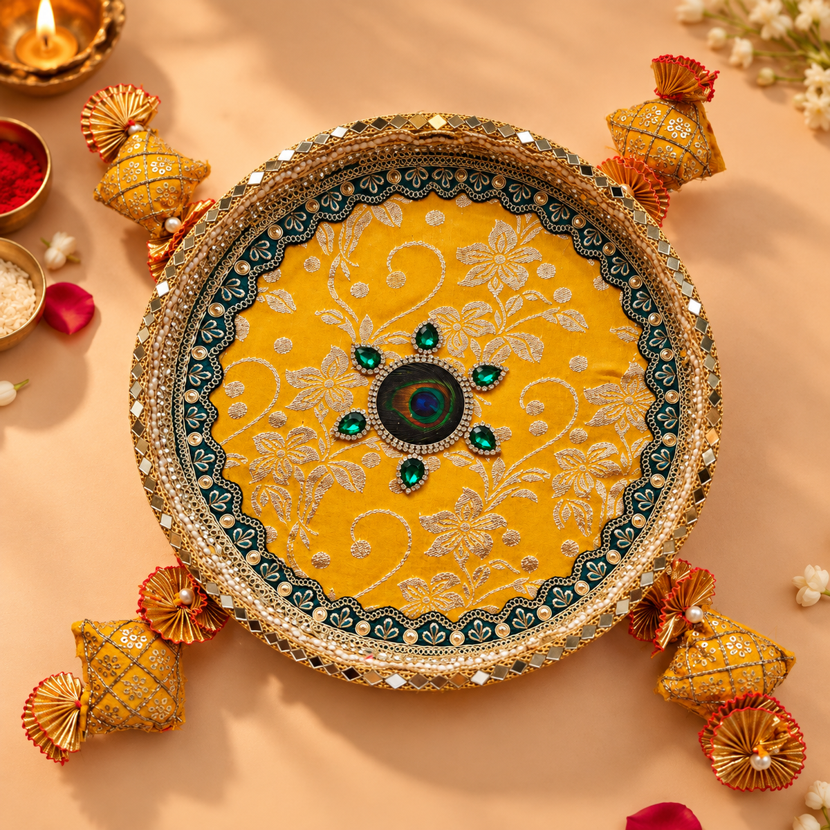 Mustard Yellow & Emerald Green Crystal Embellished Karwa Chauth Pooja Thali Set
