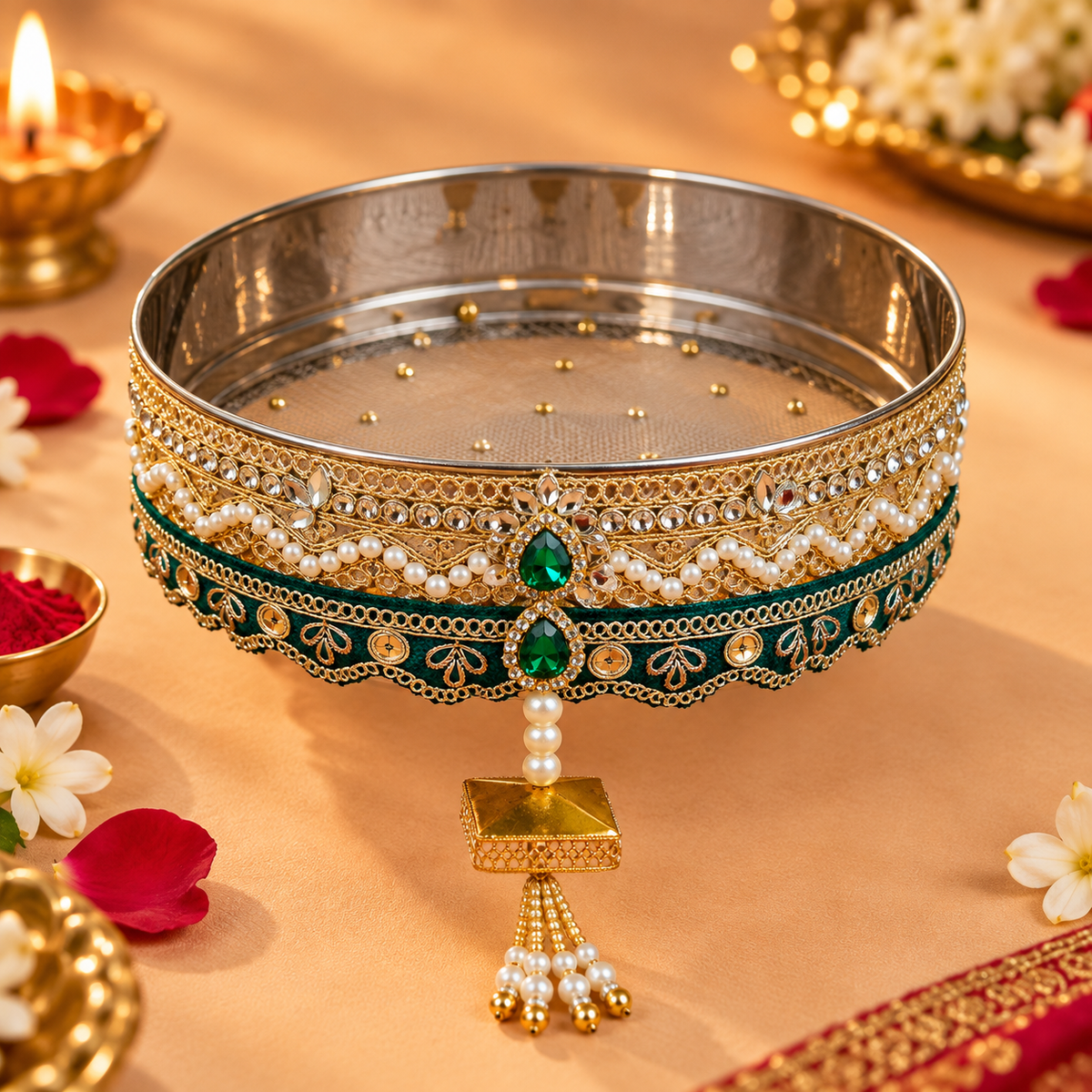 Mustard Yellow & Emerald Green Crystal Embellished Karwa Chauth Pooja Thali Set