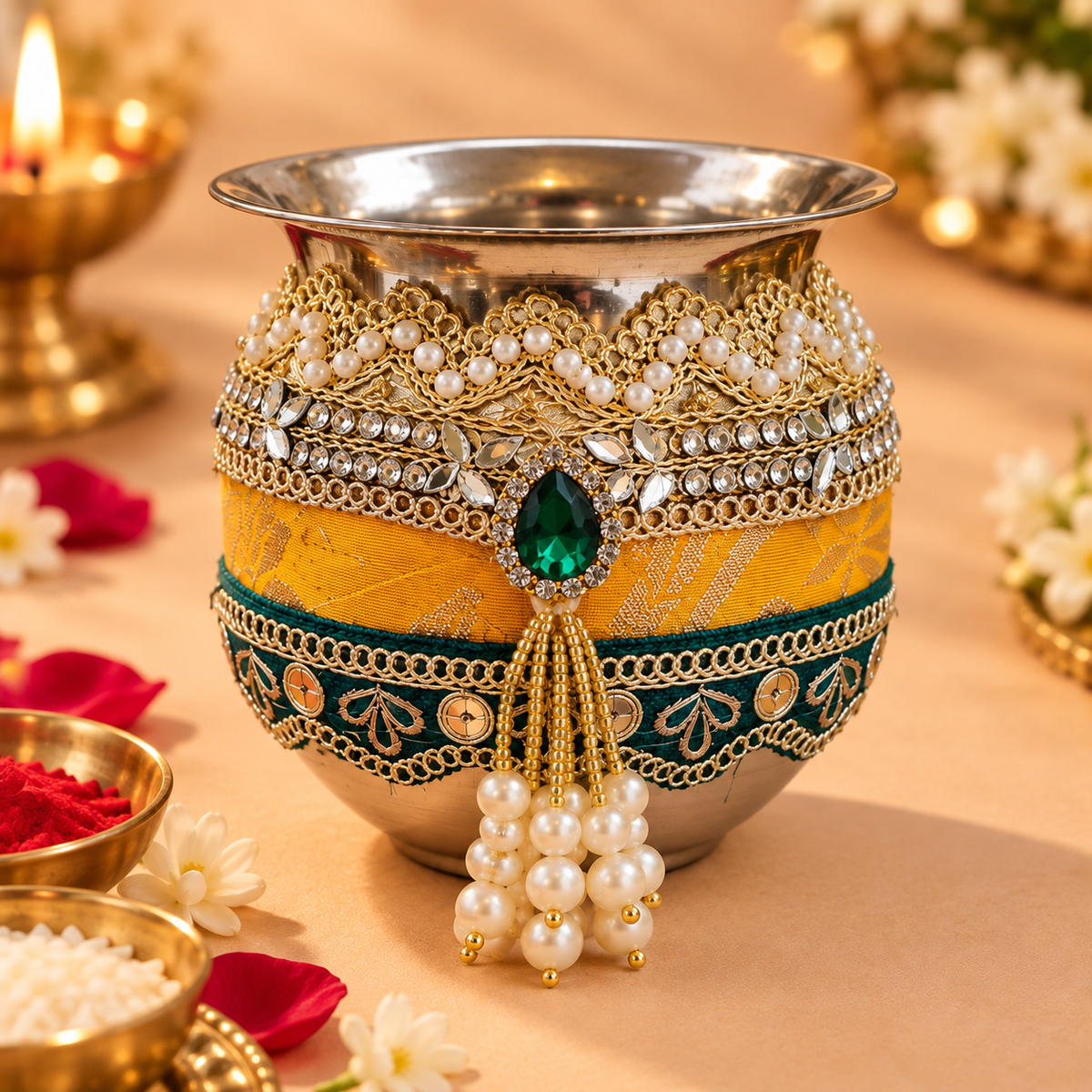 Mustard Yellow & Emerald Green Crystal Embellished Karwa Chauth Pooja Thali Set