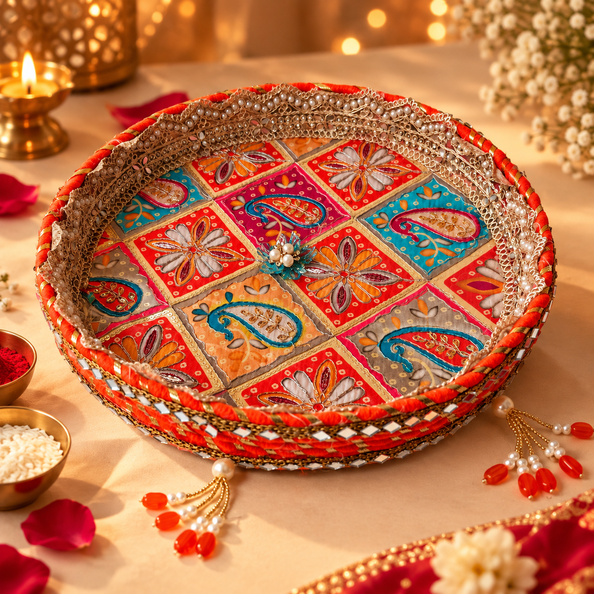 Kesari Orange Gujarati Gota-Kinari & Pearl Embellished Karwa Chauth Pooja Thali Set