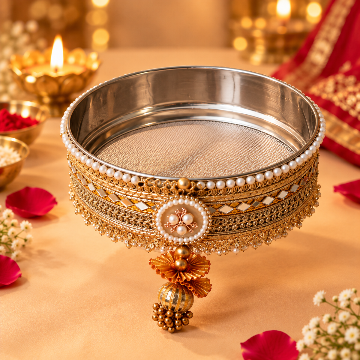 Antique Mustard Gold Banarasi Brocade Pearl Embellished Karwa Chauth Pooja Thali Set