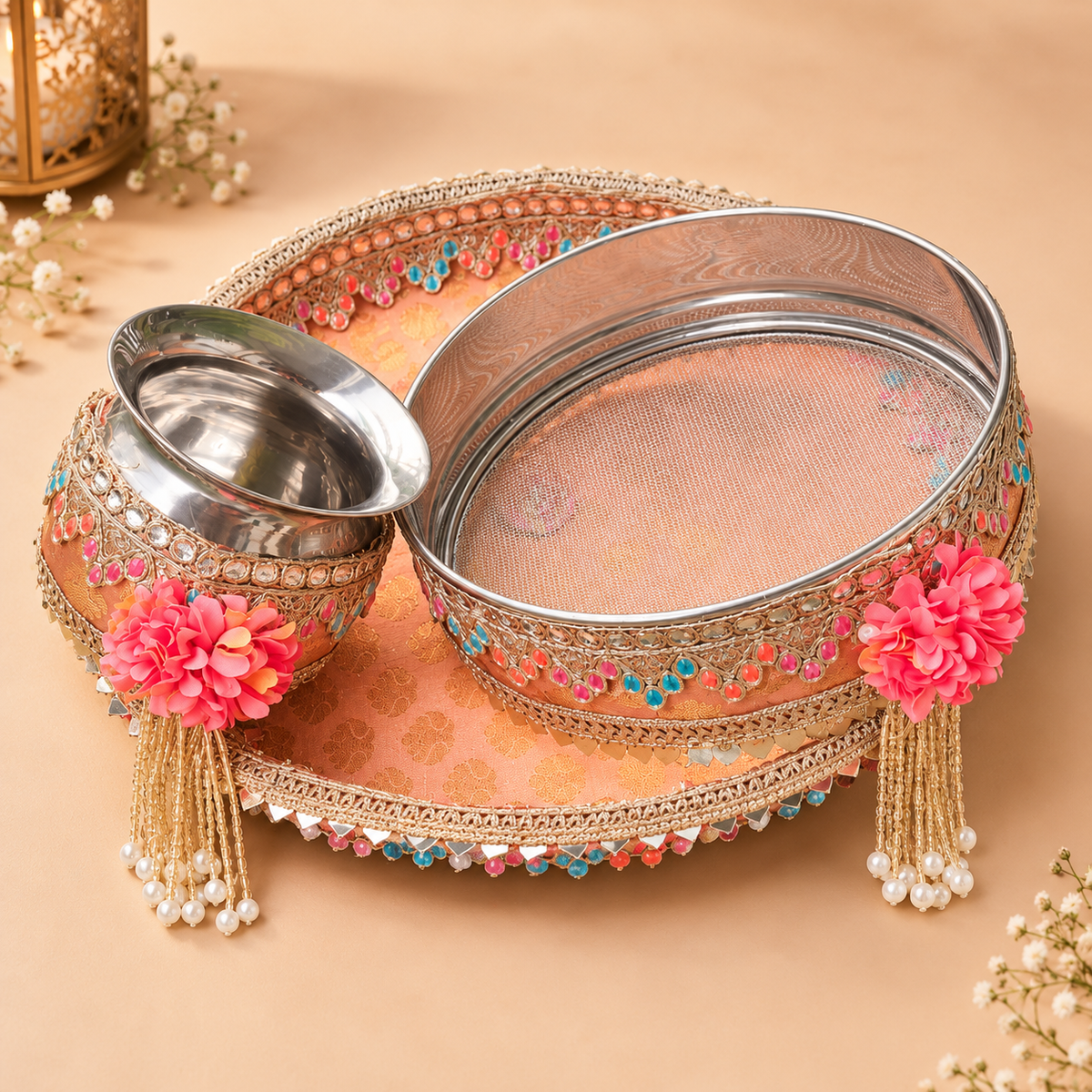 Royal Peach Banarasi Floral Karwa Chauth Pooja Thali Set