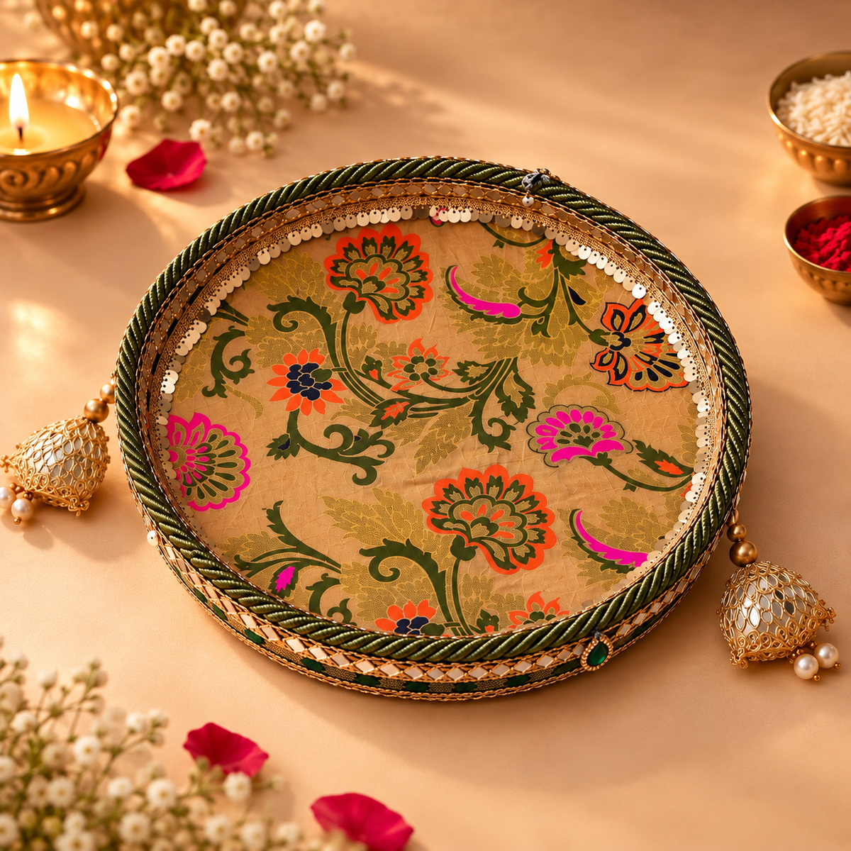 Mehndi Green Floral Banarasi Embellished Karwa Chauth Pooja Thali Set