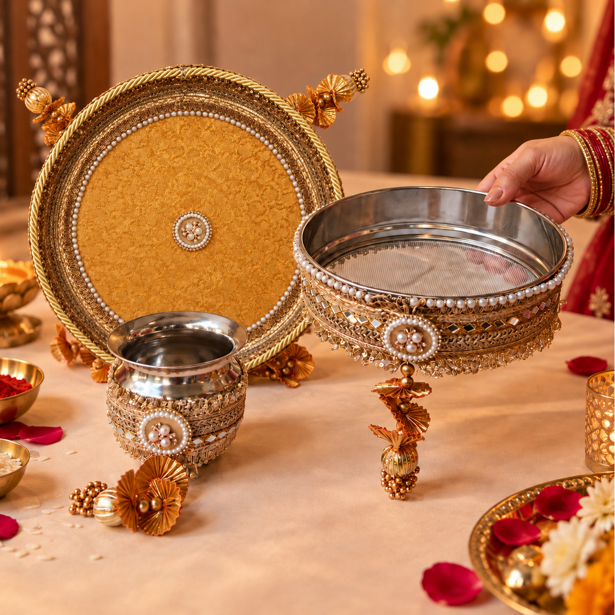Antique Mustard Gold Banarasi Brocade Pearl Embellished Karwa Chauth Pooja Thali Set