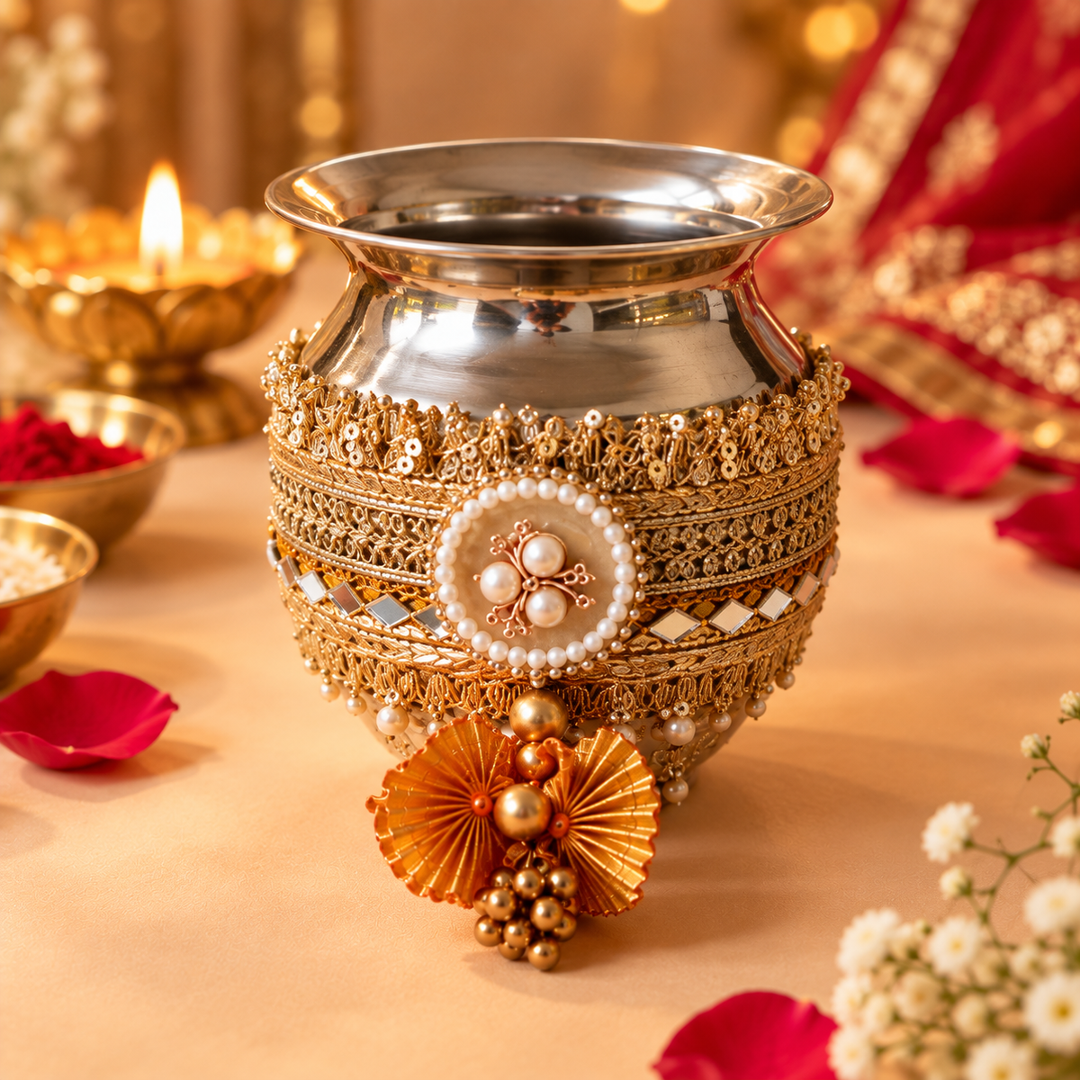 Antique Mustard Gold Banarasi Brocade Pearl Embellished Karwa Chauth Pooja Thali Set