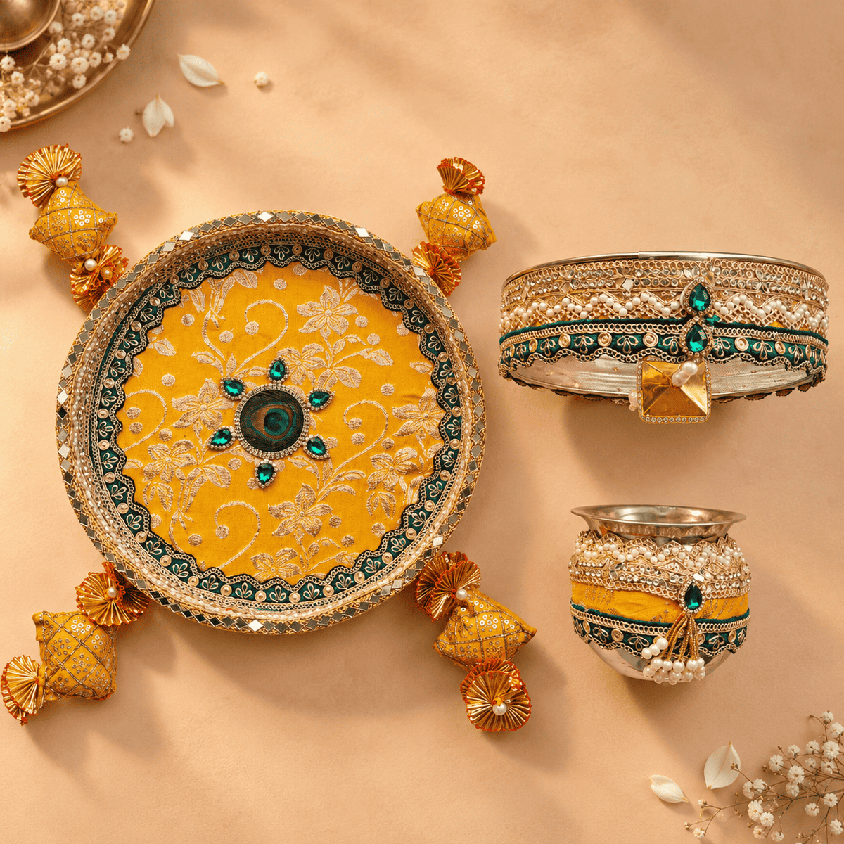 Mustard Yellow & Emerald Green Crystal Embellished Karwa Chauth Pooja Thali Set
