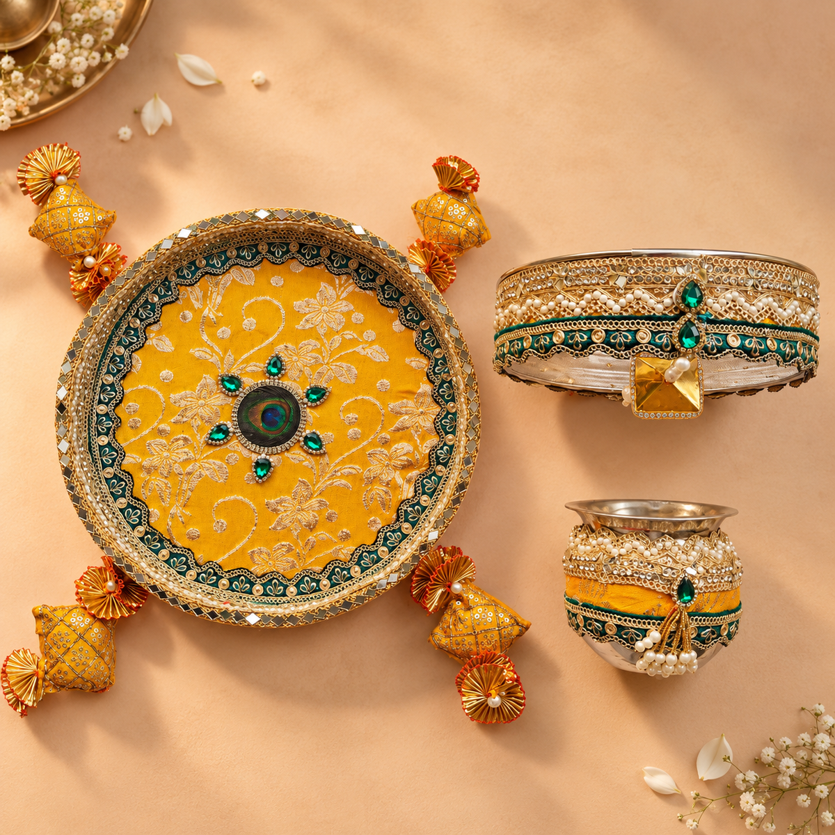 Mustard Yellow & Emerald Green Crystal Embellished Karwa Chauth Pooja Thali Set