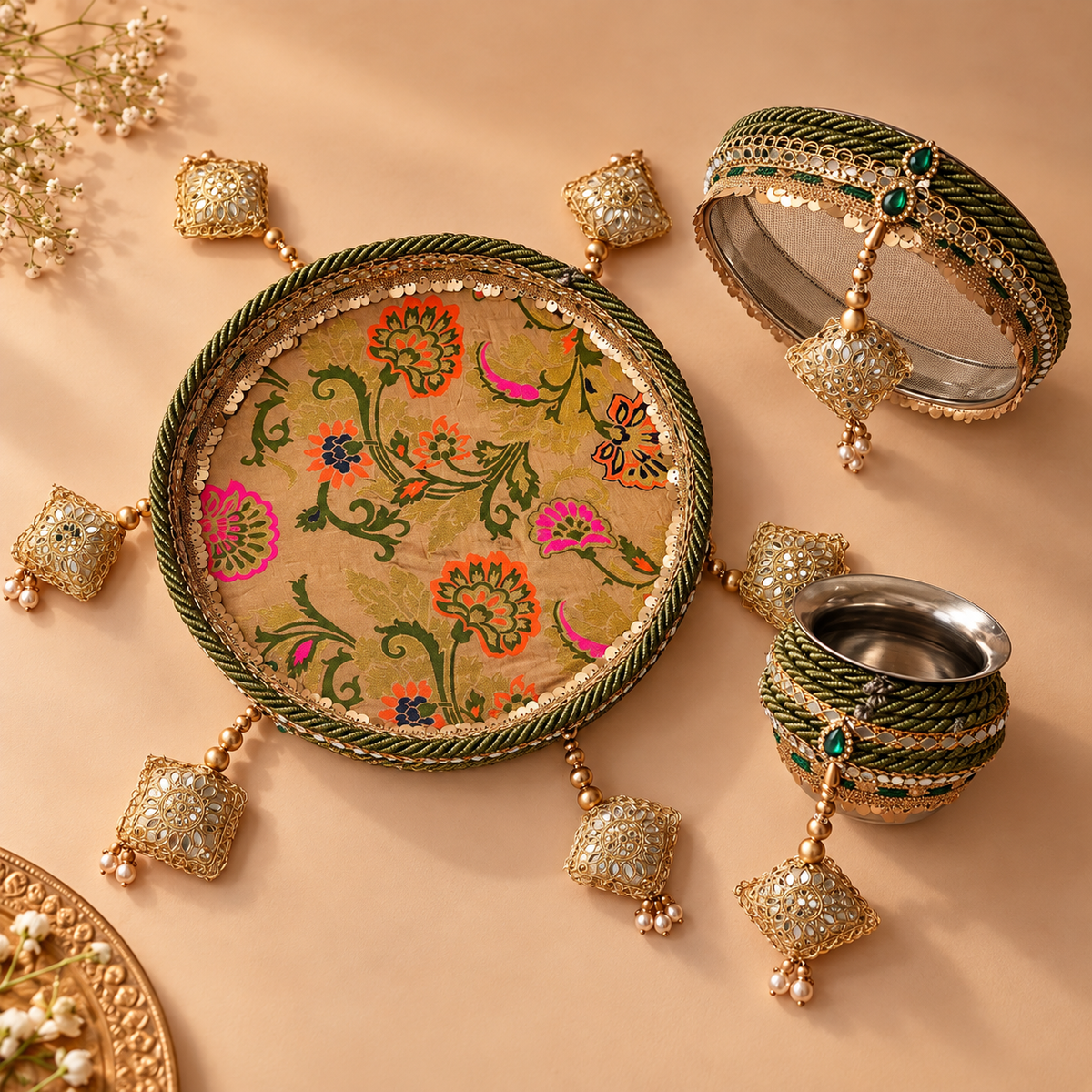 Mehndi Green Floral Banarasi Embellished Karwa Chauth Pooja Thali Set