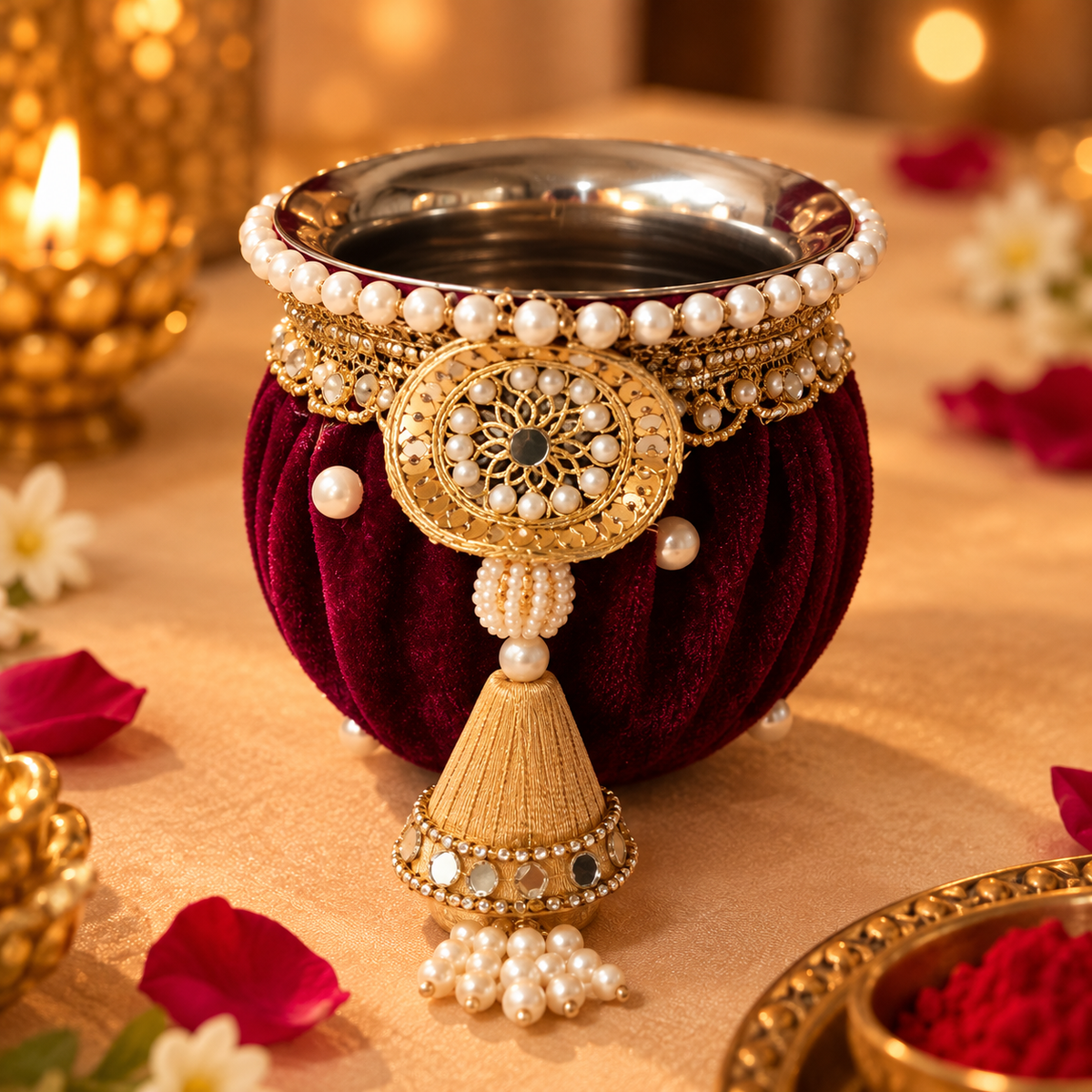 Imperial Wine Velvet Pearl & Gota Embellished Karwa Chauth Pooja Thali Set