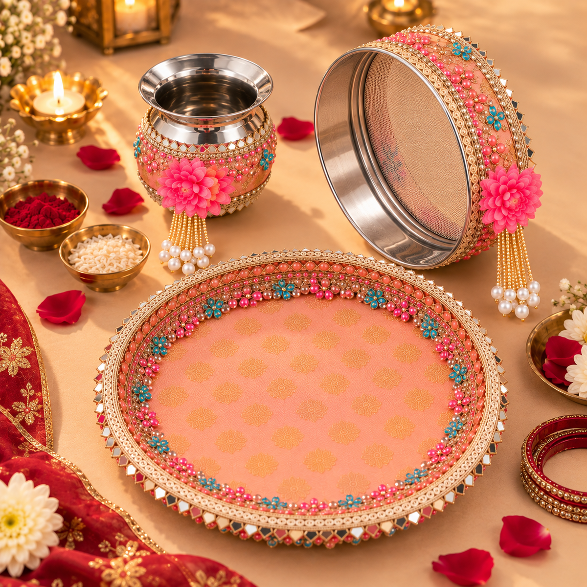 Royal Peach Banarasi Floral Karwa Chauth Pooja Thali Set