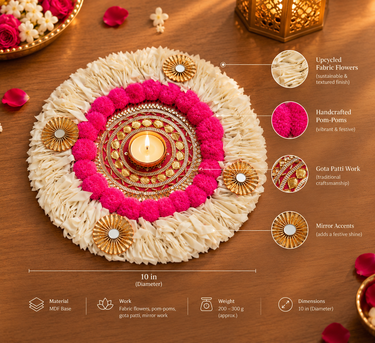 Ivory Floral Gotta Patti Rangoli with Pink Pom-Poms