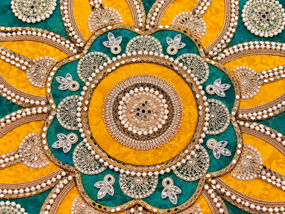 Emerald Kesari Grand Floral Gotta Patti Rangoli | Reusable & Modular | 24 Inches