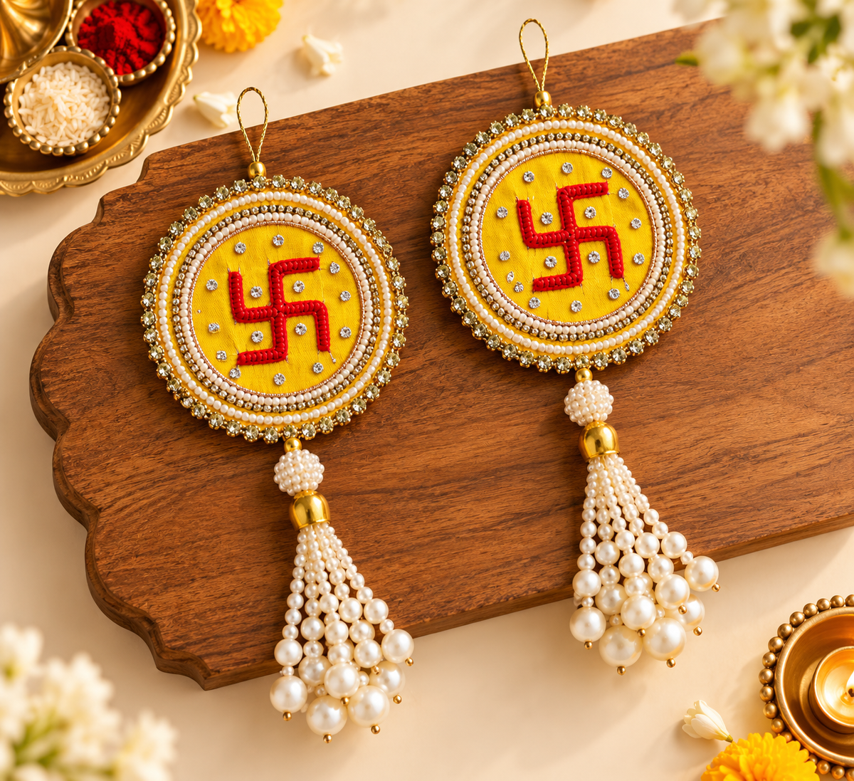 Swastik Pearl Tassel Hanging - Yellow & Gold (Set of 2)