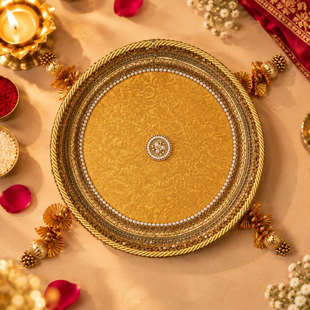 Antique Mustard Gold Banarasi Brocade Pearl Embellished Karwa Chauth Pooja Thali Set