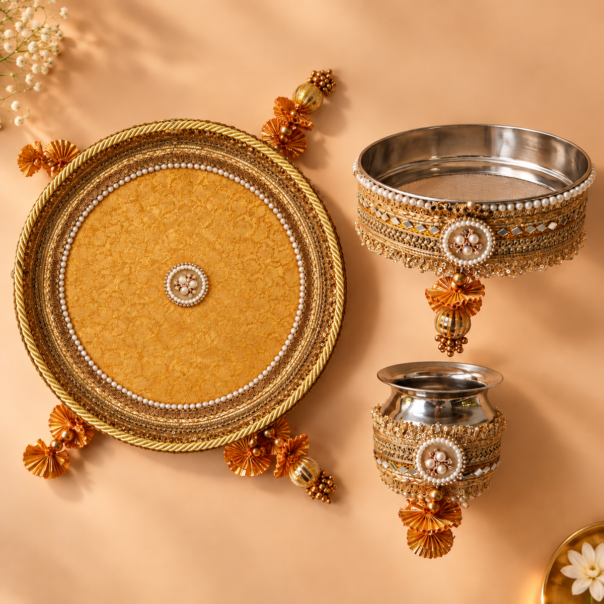 Antique Mustard Gold Banarasi Brocade Pearl Embellished Karwa Chauth Pooja Thali Set