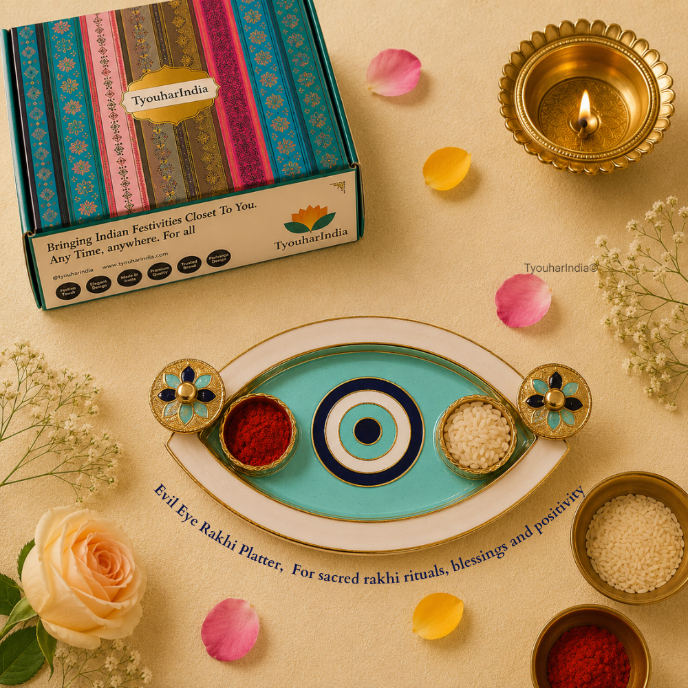 Bhaiya Bhabhi Green Blue Butterfly Evil Eye Rakhi & Lumba Ritual Gift Box