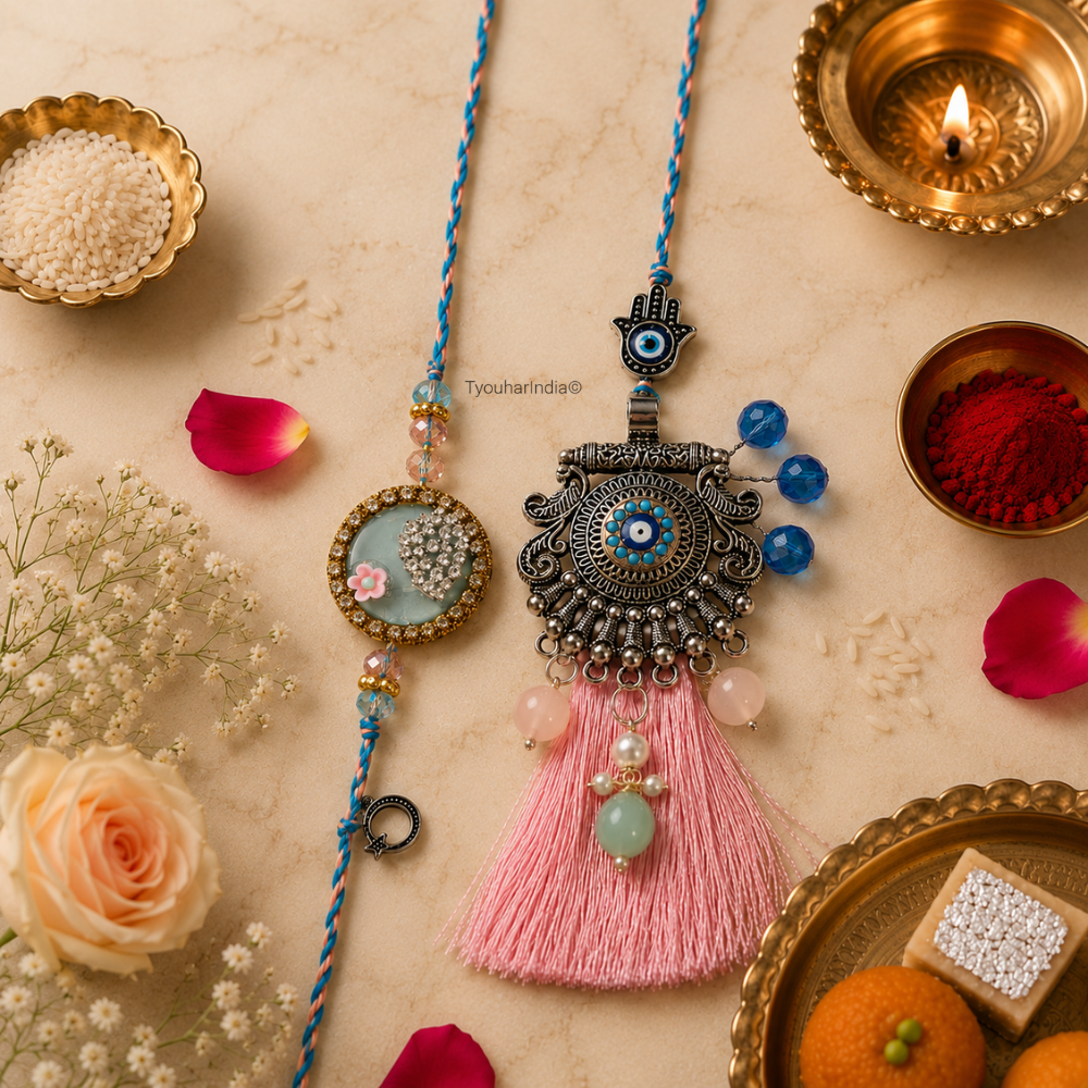 TyouharIndia Bhaiya Bhabhi Family Evil Eye Rakhi & Lumba Combo Set of 3