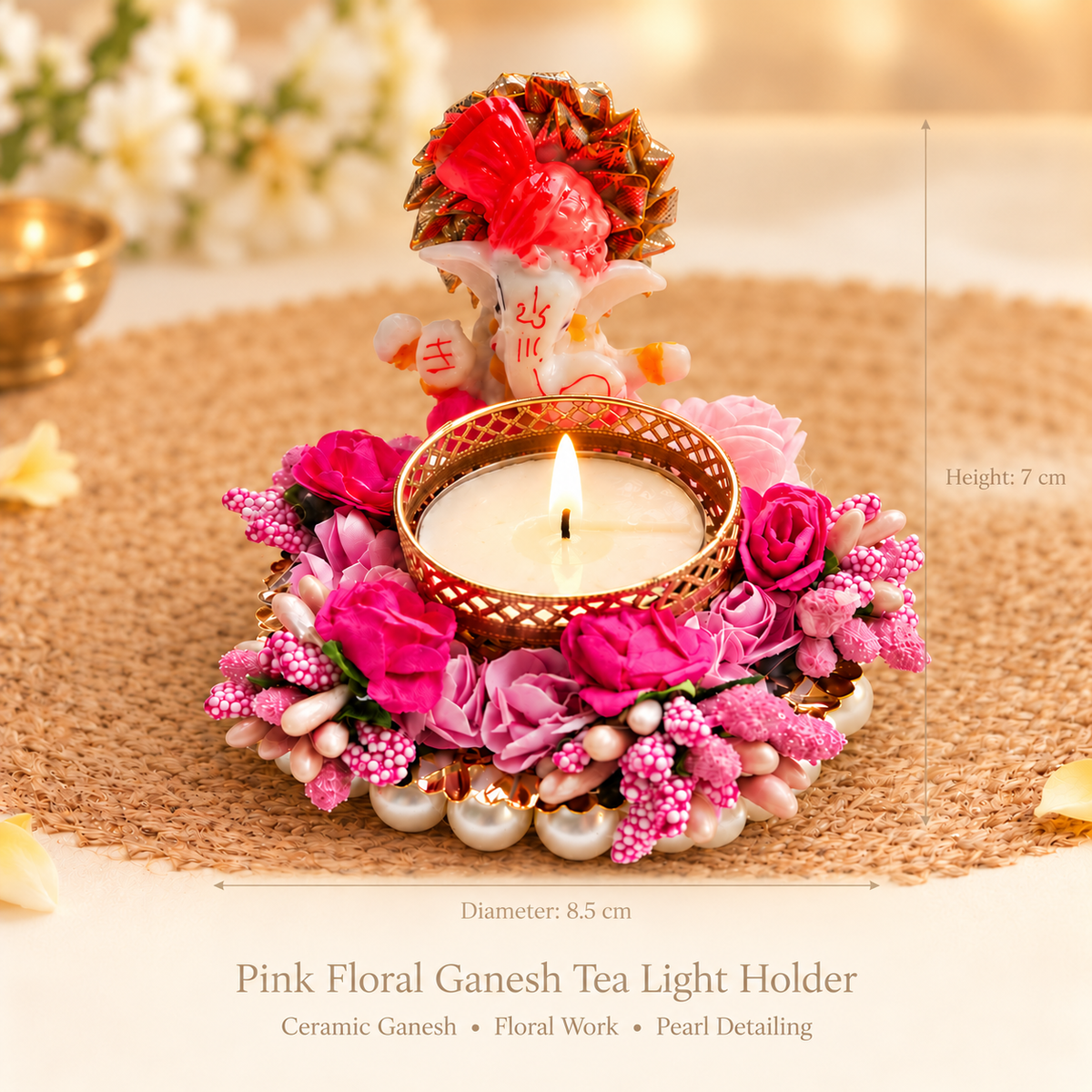 Pink Floral Ceramic Ganesh Tea Light Holder
